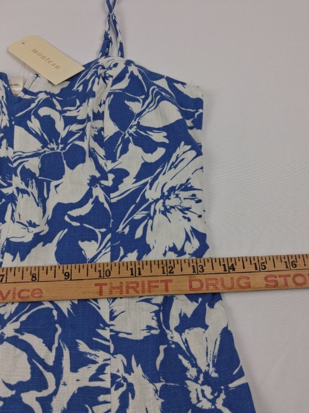 Large Blue & White Floral Spaghetti Strap Midi Dress Side Slit Smocked Back By M - Picture 9 of 13
